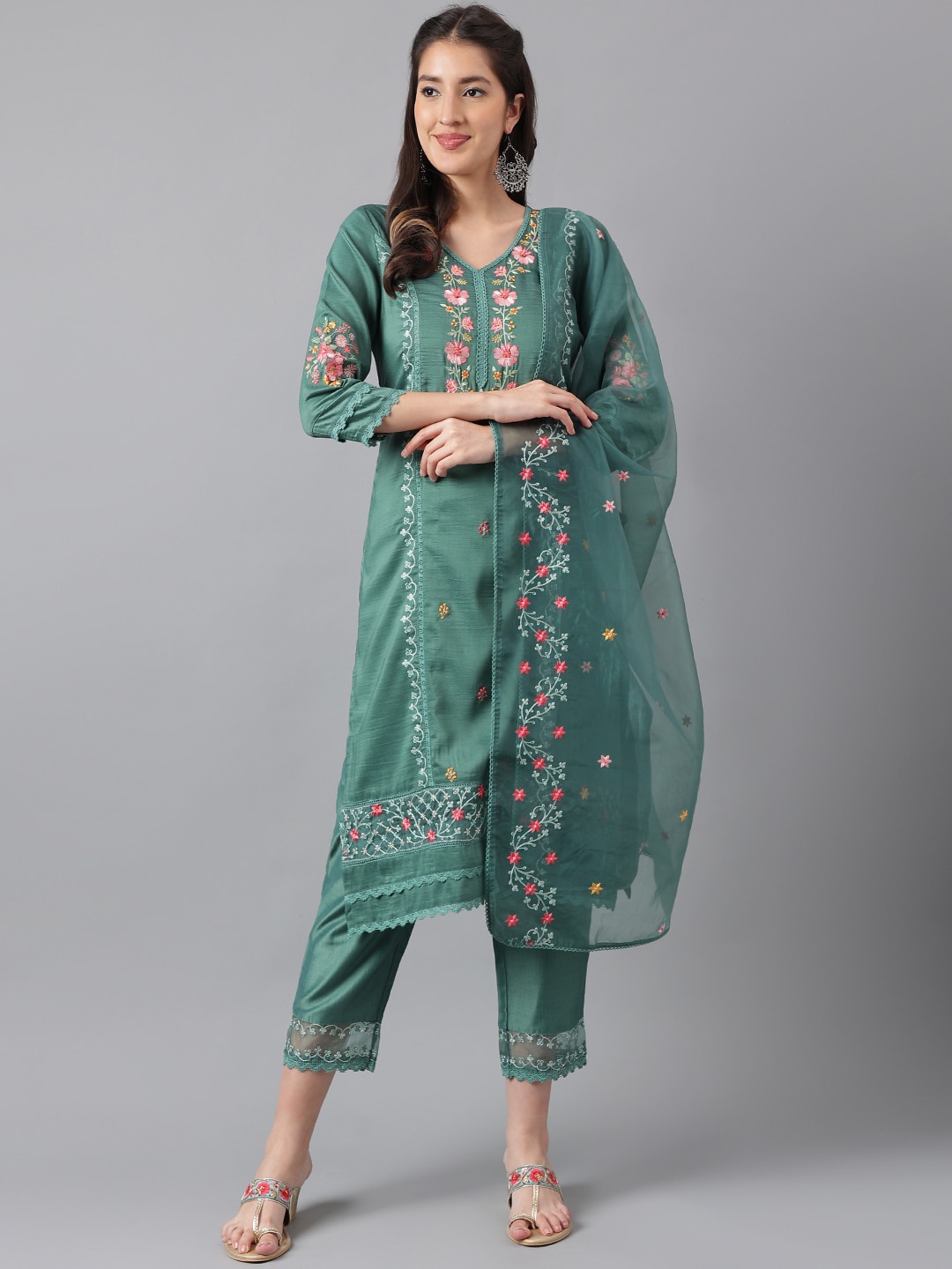 

KALINI Floral Embroidered Thread Work Kurta & Trousers With Dupatta, Green