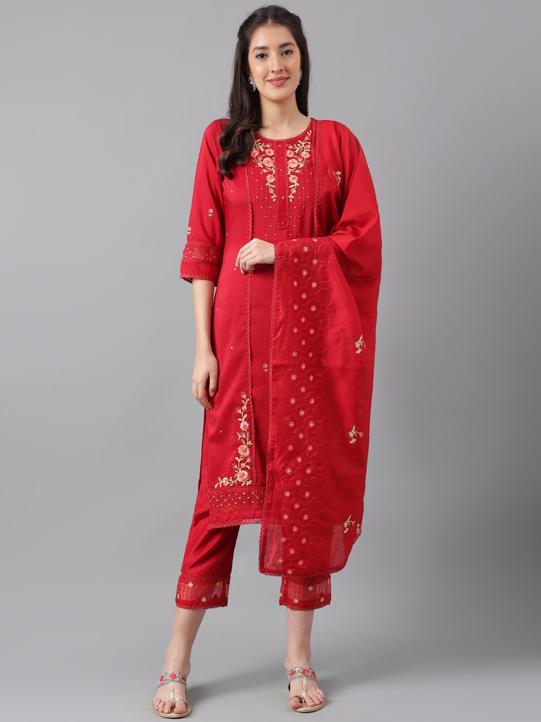 

KALINI Floral Embroidered Regular Kurta with Trousers & With Dupatta, Red