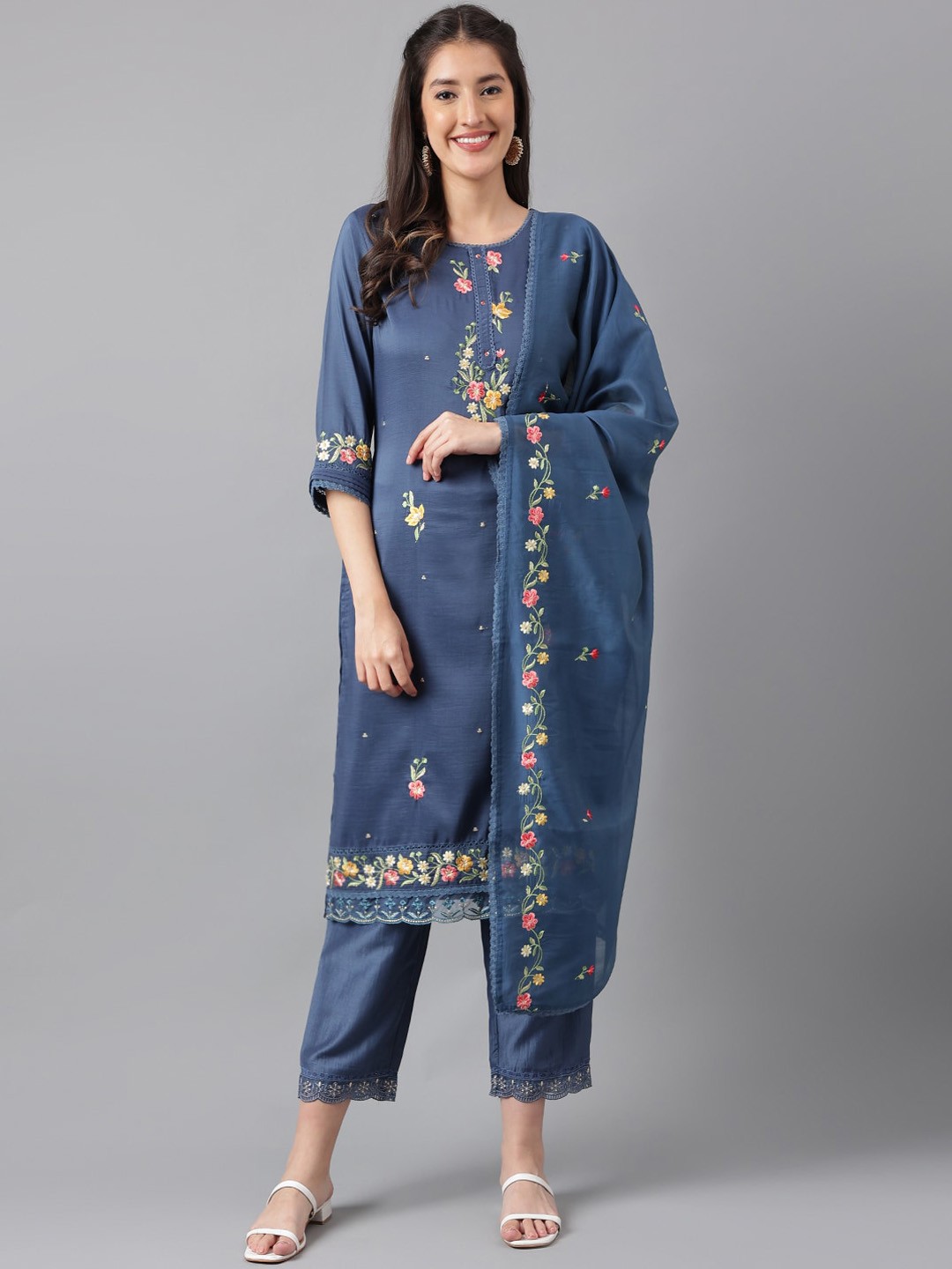 

KALINI Floral Embroidered Regular Kurta with Trousers & Dupatta, Blue