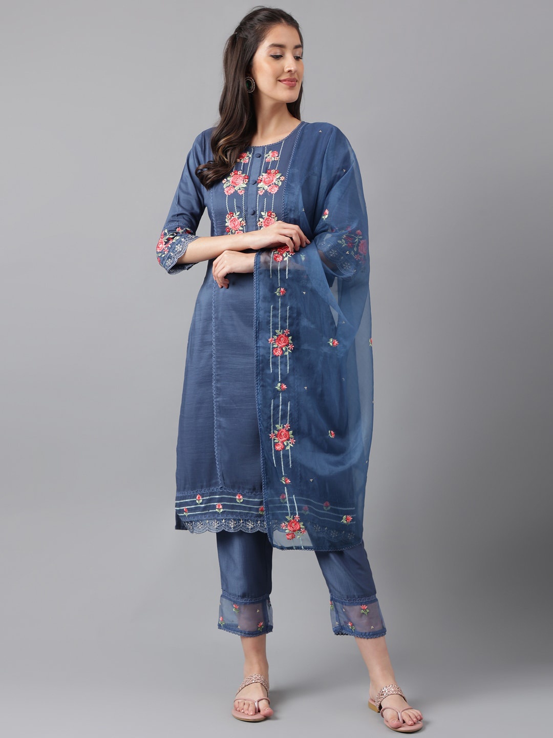

KALINI Floral Yoke Design Thread Work Kurta & Trousers With Dupatta, Navy blue