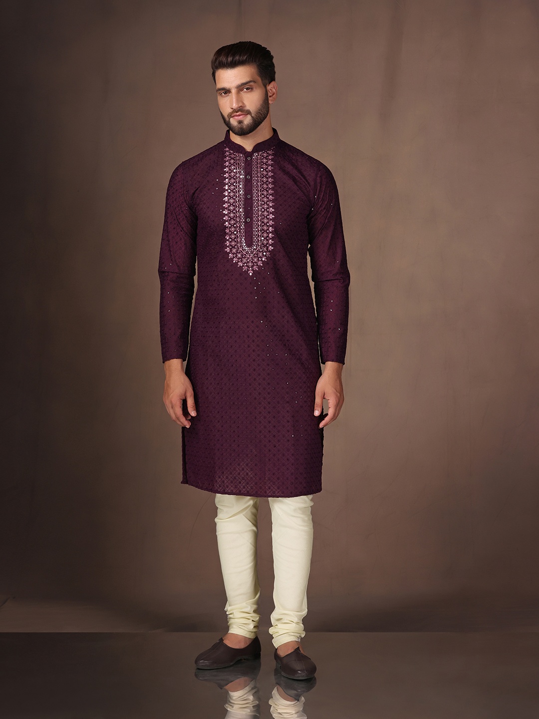 

KISAH Ethnic Motifs Embroidered Thread Work Kurta with Churidar, Purple