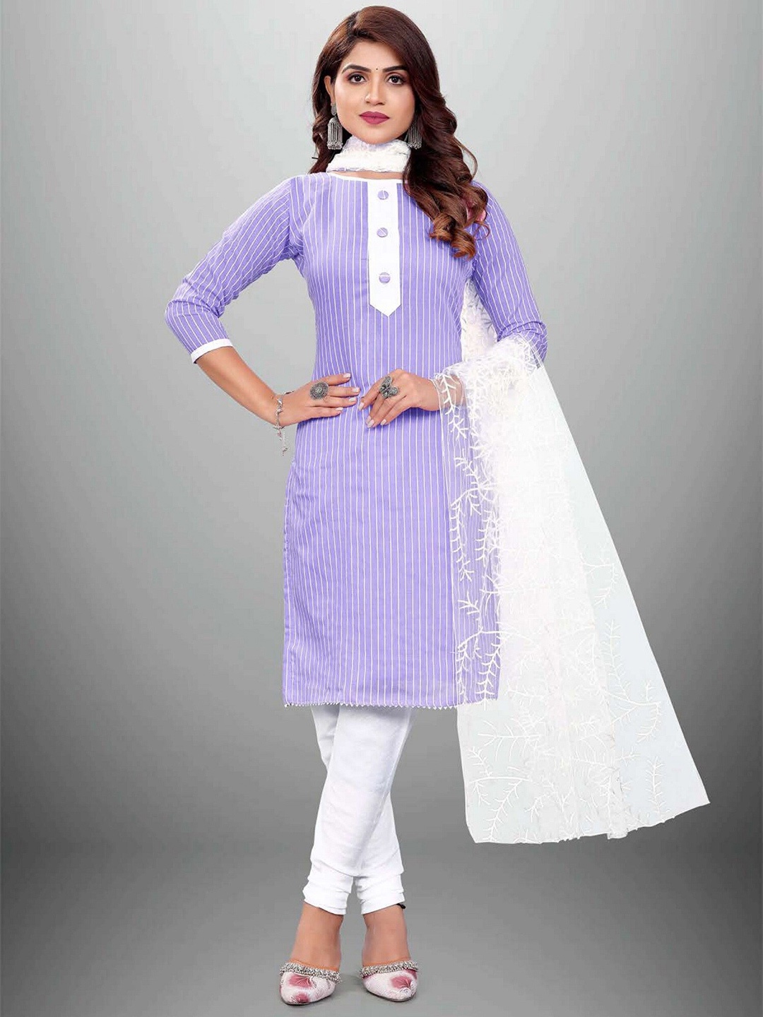 

APNISHA Lavender & White Unstitched Dress Material