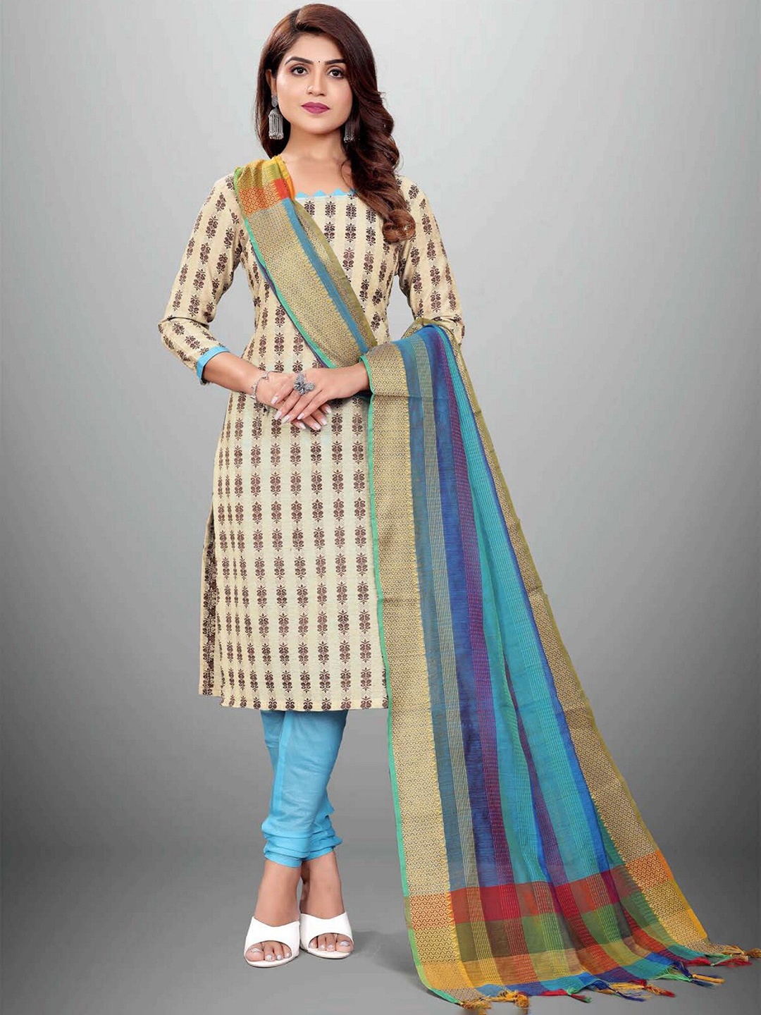 

APNISHA Turquoise Blue & Brown Embroidered Unstitched Dress Material