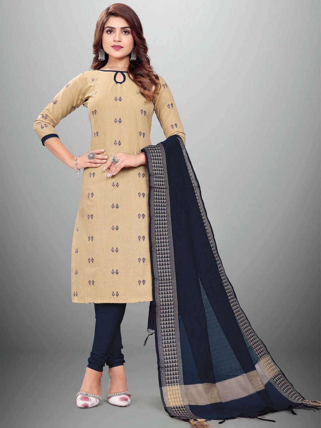 

APNISHA Navy Blue & Beige Unstitched Dress Material