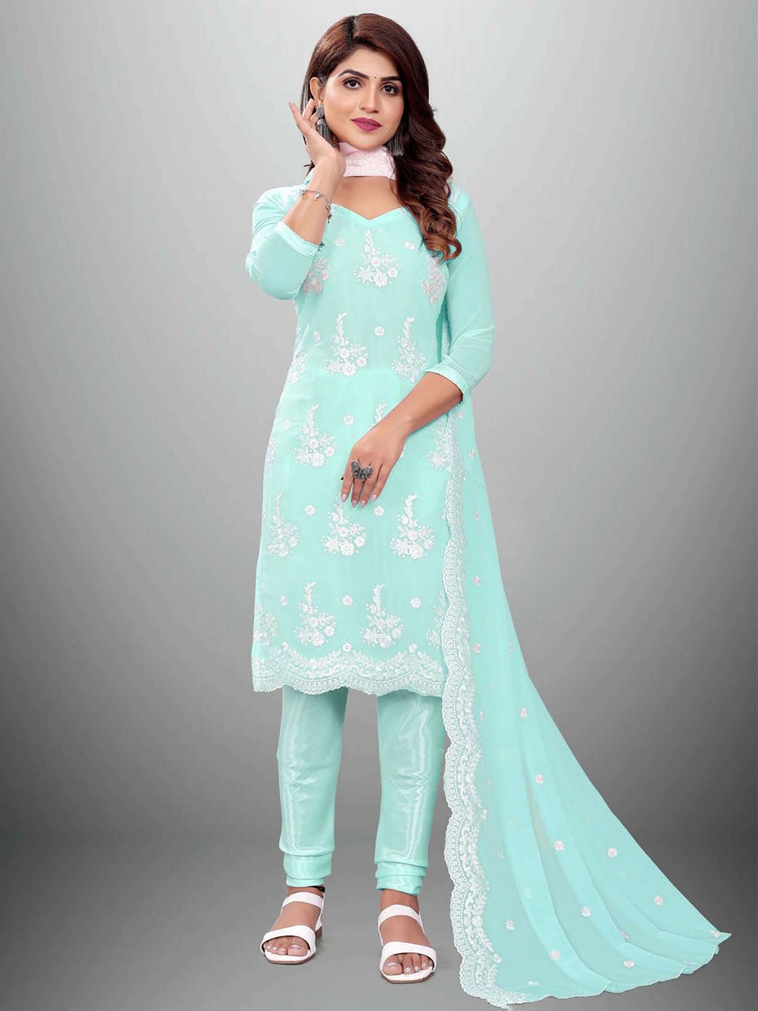 

APNISHA Turquoise Blue & White Embroidered Silk Georgette Unstitched Dress Material