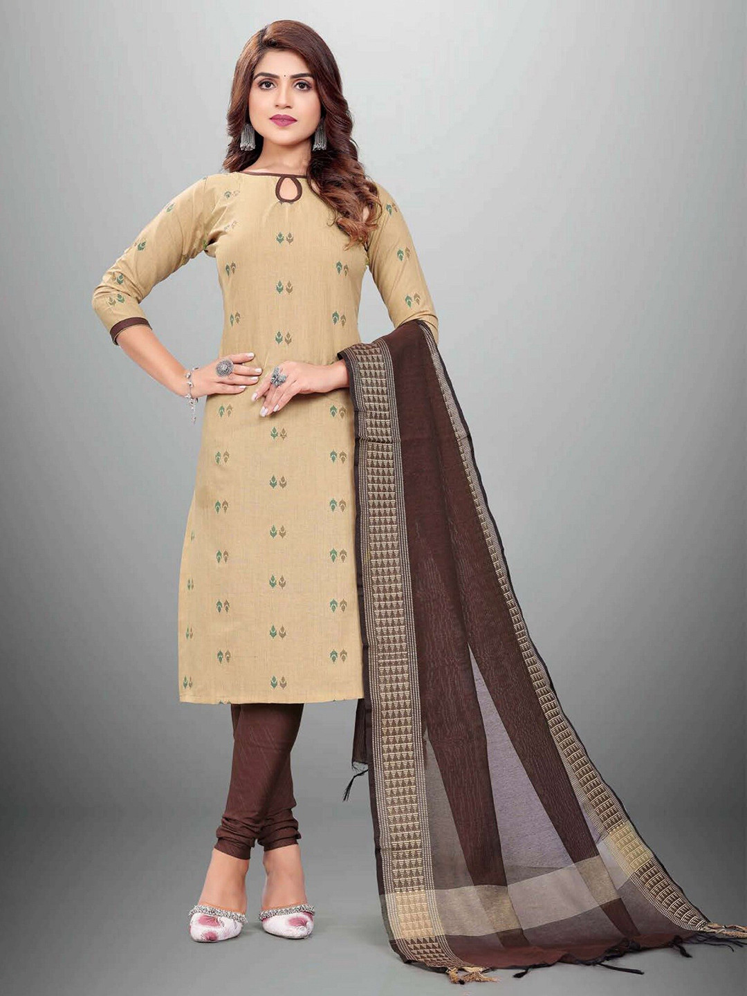 

APNISHA Brown & Beige Unstitched Dress Material