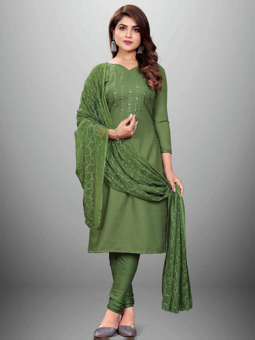 

APNISHA Green Embroidered Unstitched Dress Material