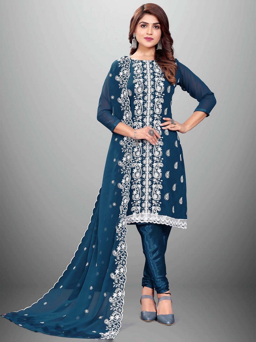 

APNISHA Tan & White Embroidered Silk Georgette Unstitched Dress Material