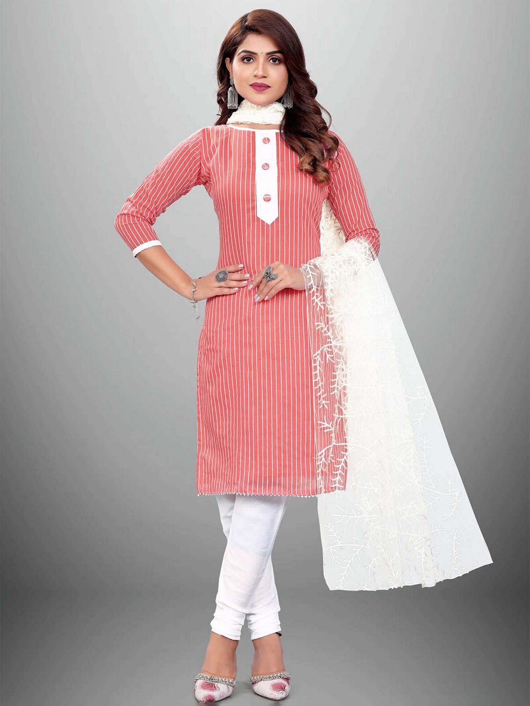 

APNISHA Peach-Coloured & White Unstitched Dress Material