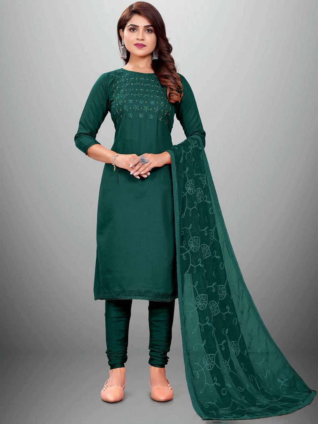 

APNISHA Green & Gold-Toned Embroidered Unstitched Dress Material