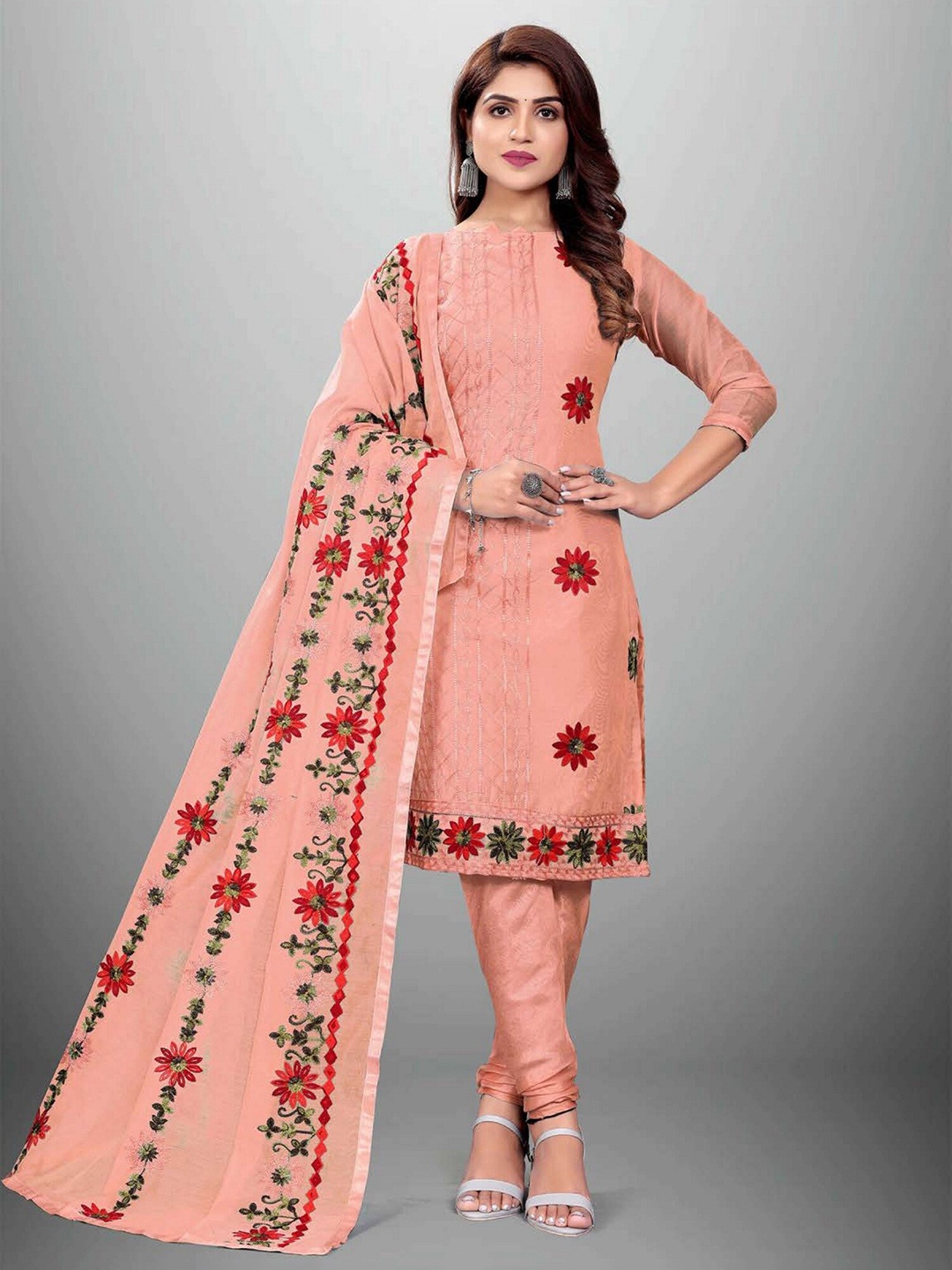 

APNISHA Orange & Red Embroidered Pure Silk Unstitched Dress Material