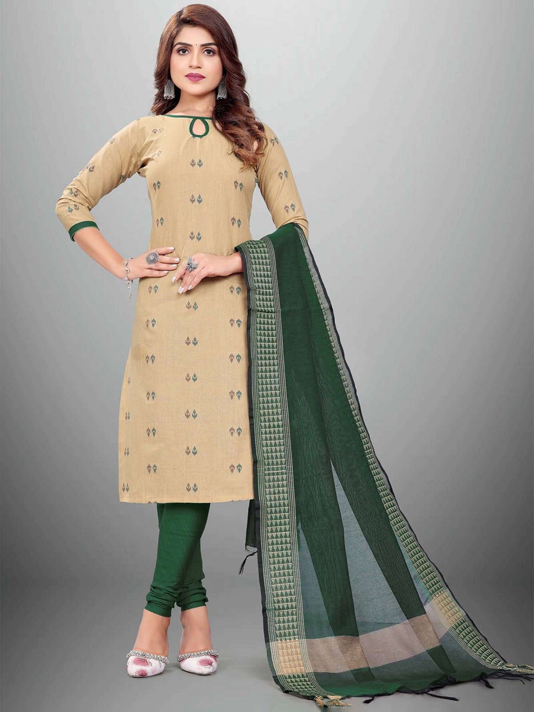 

APNISHA Green & Beige Unstitched Dress Material