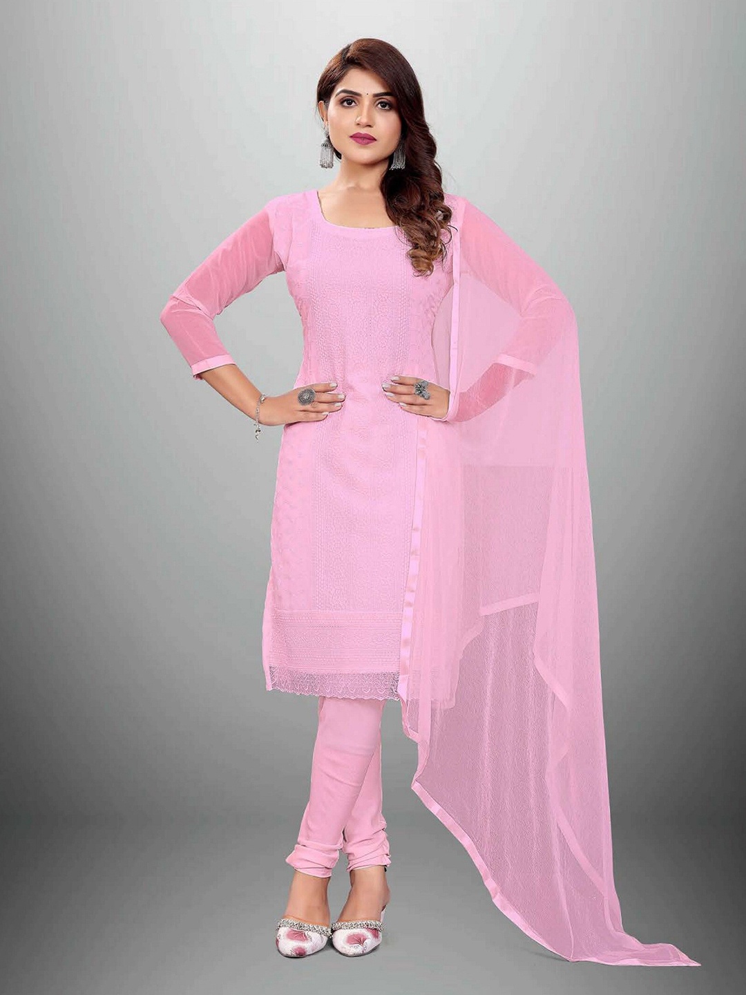 

APNISHA Pink Embroidered Silk Georgette Unstitched Dress Material