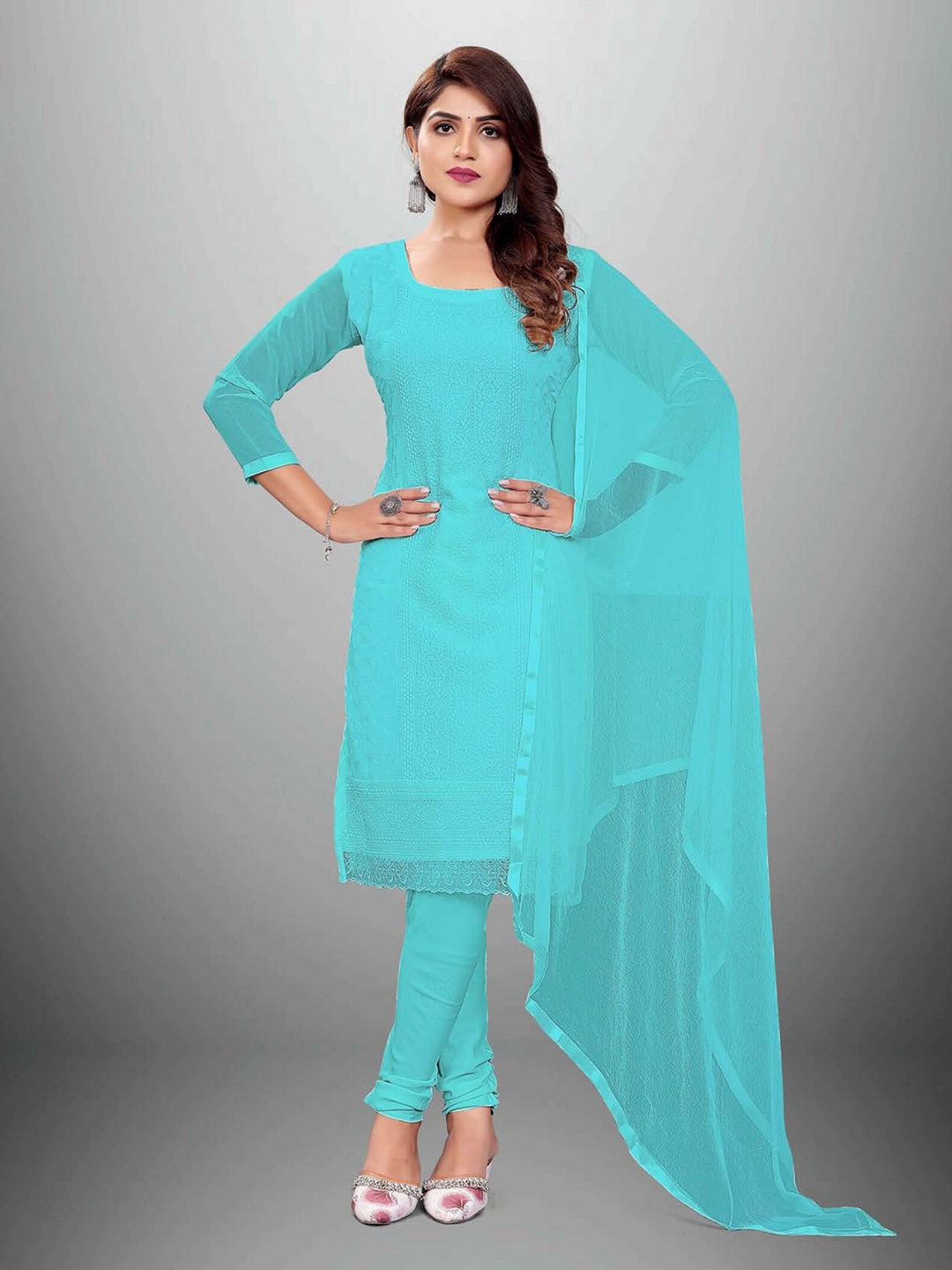 

APNISHA Turquoise Blue Embroidered Silk Georgette Unstitched Dress Material