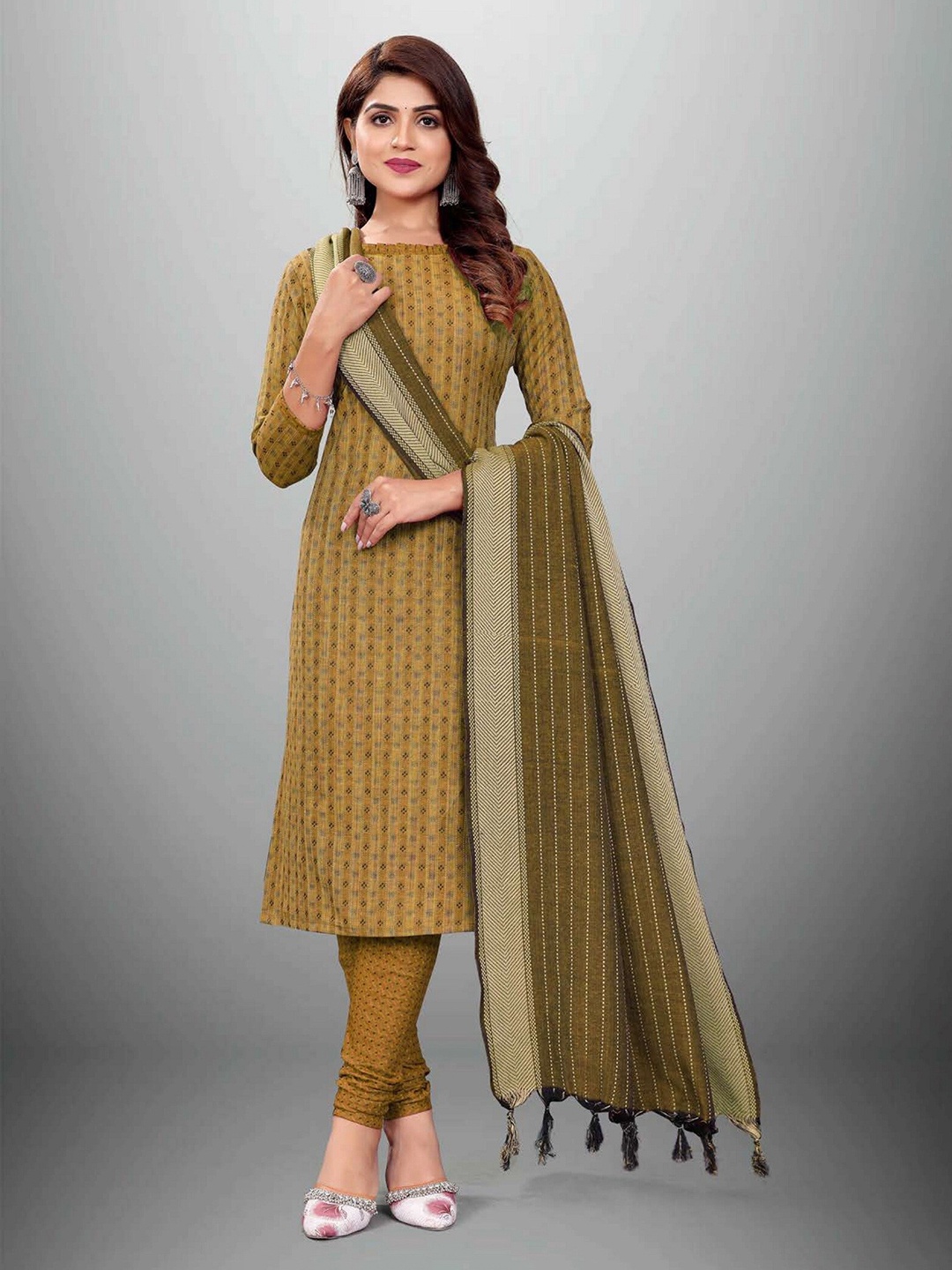 

APNISHA Mustard & Brown Unstitched Dress Material