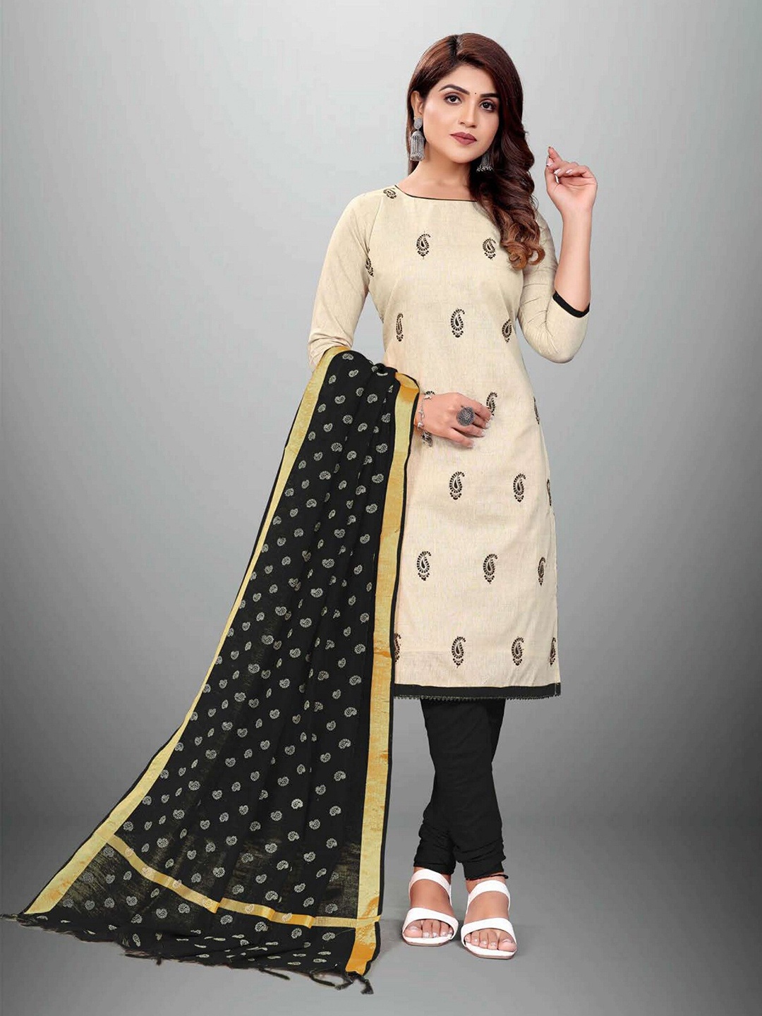 

APNISHA Black & Cream-Coloured Embroidered Unstitched Dress Material