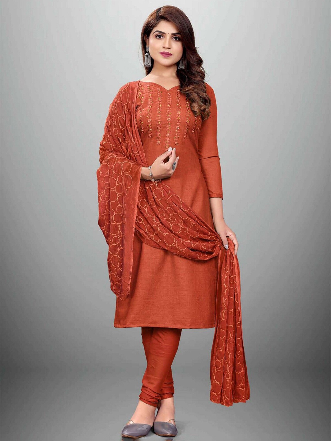 

APNISHA Red & Gold-Toned Embroidered Unstitched Dress Material