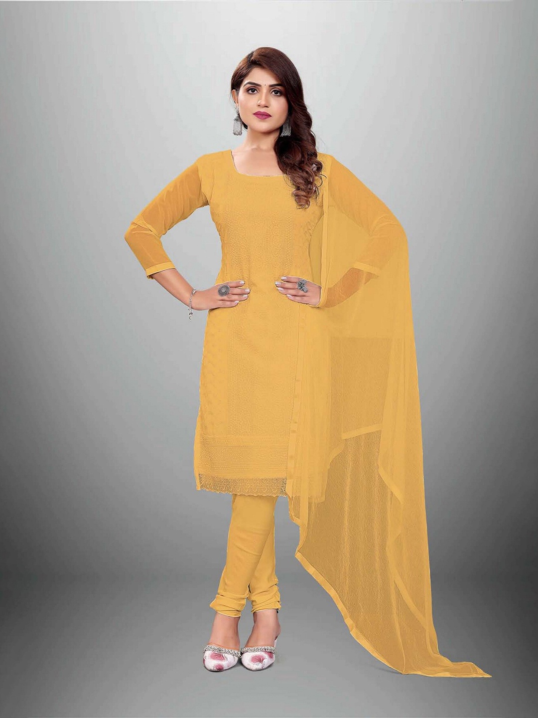 

APNISHA Mustard Embroidered Silk Georgette Unstitched Dress Material