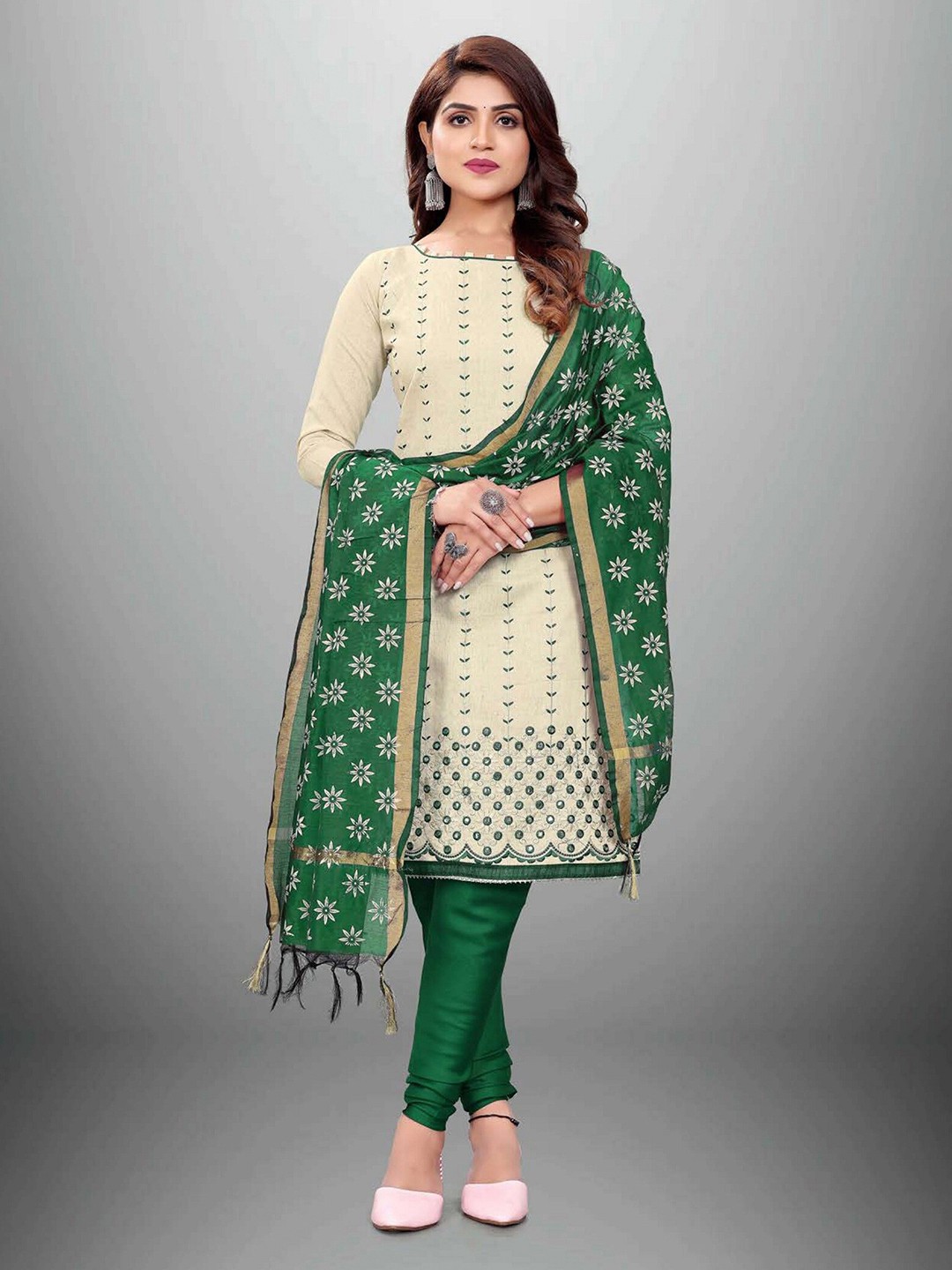 

APNISHA Green & Cream-Coloured Embroidered Unstitched Dress Material