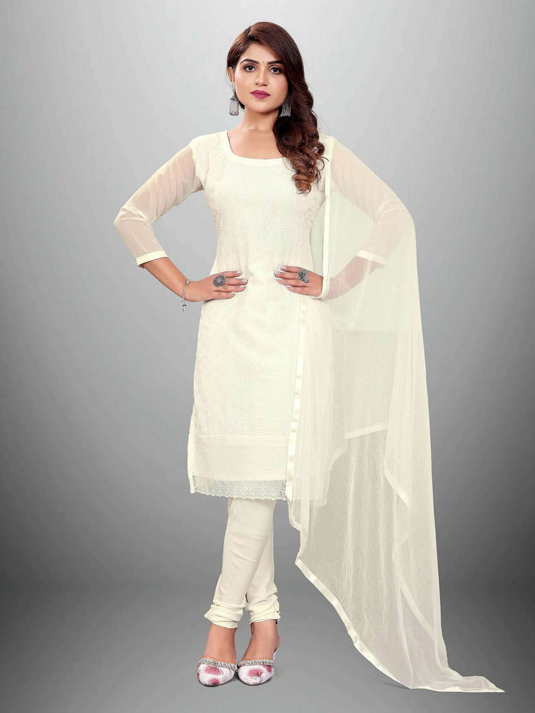 

APNISHA White Embroidered Silk Georgette Unstitched Dress Material