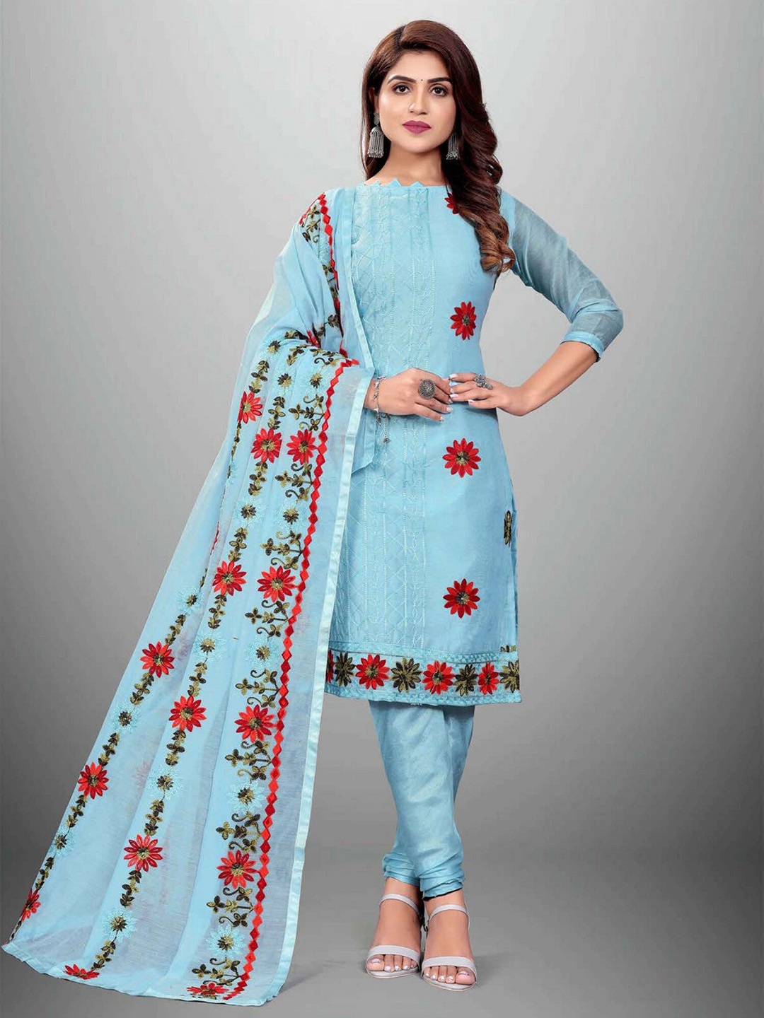 

APNISHA Turquoise Blue & Red Embroidered Pure Silk Unstitched Dress Material