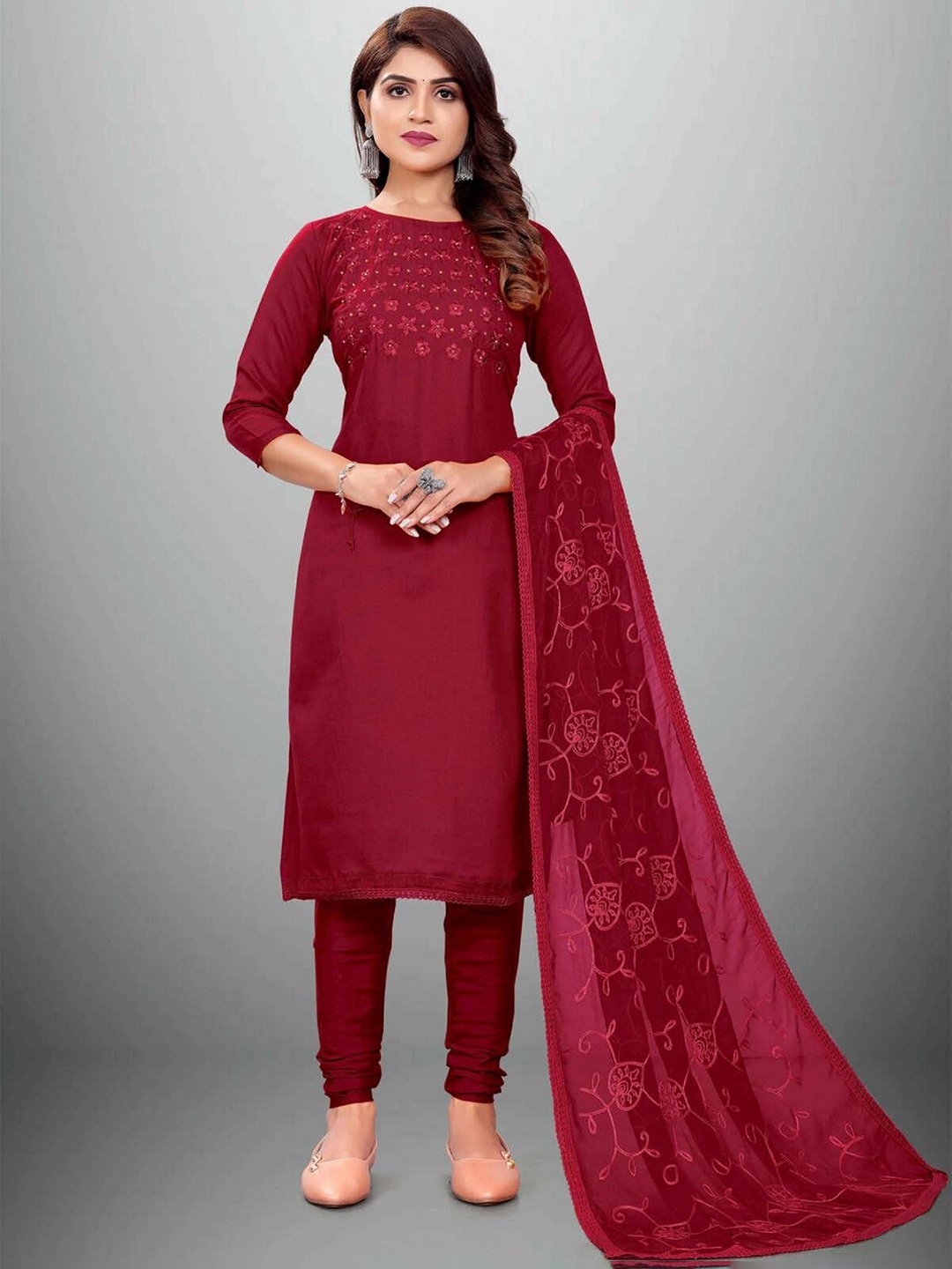 

APNISHA Maroon Embroidered Unstitched Dress Material