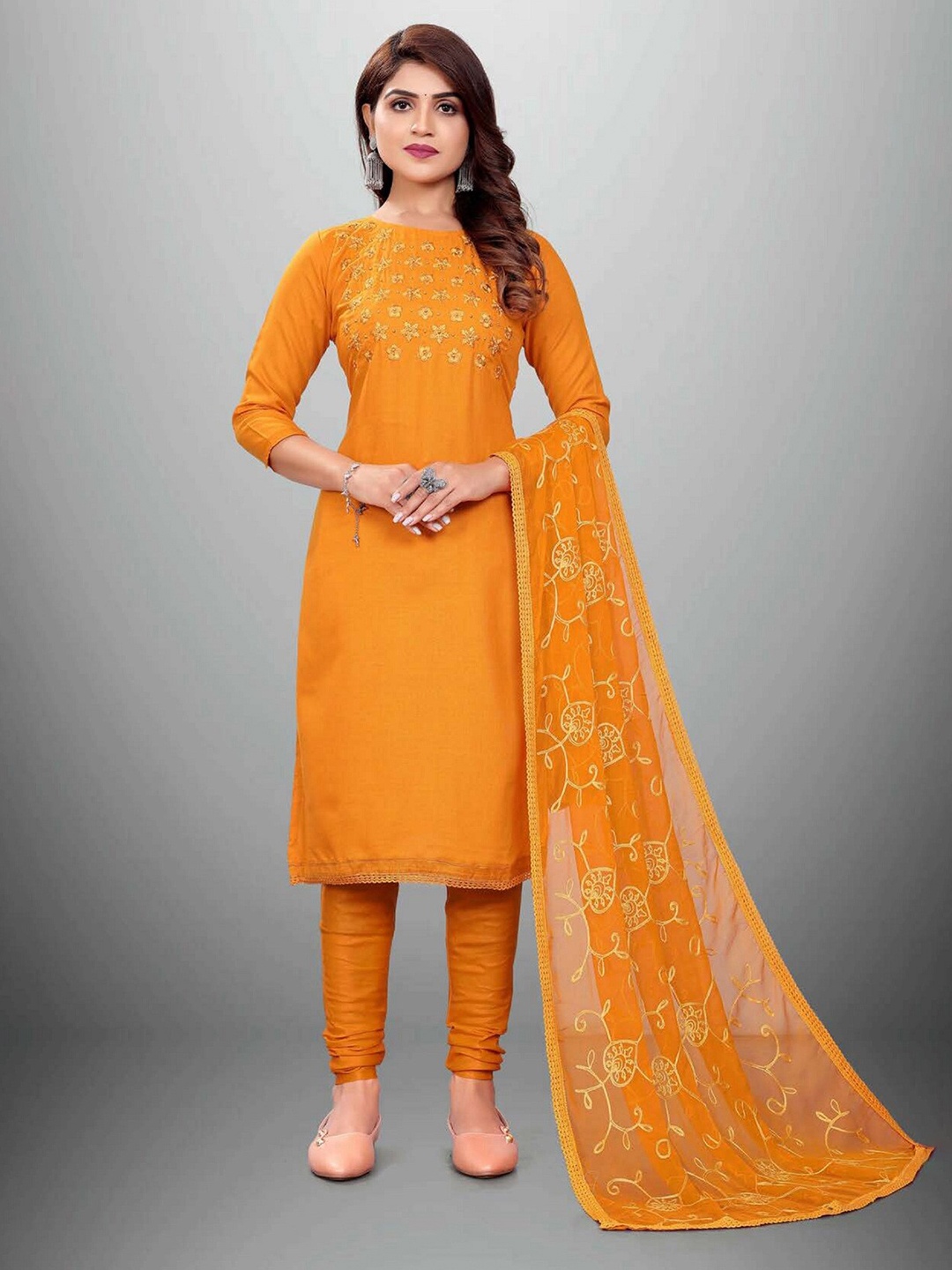 

APNISHA Yellow & Gold-Toned Embroidered Unstitched Dress Material
