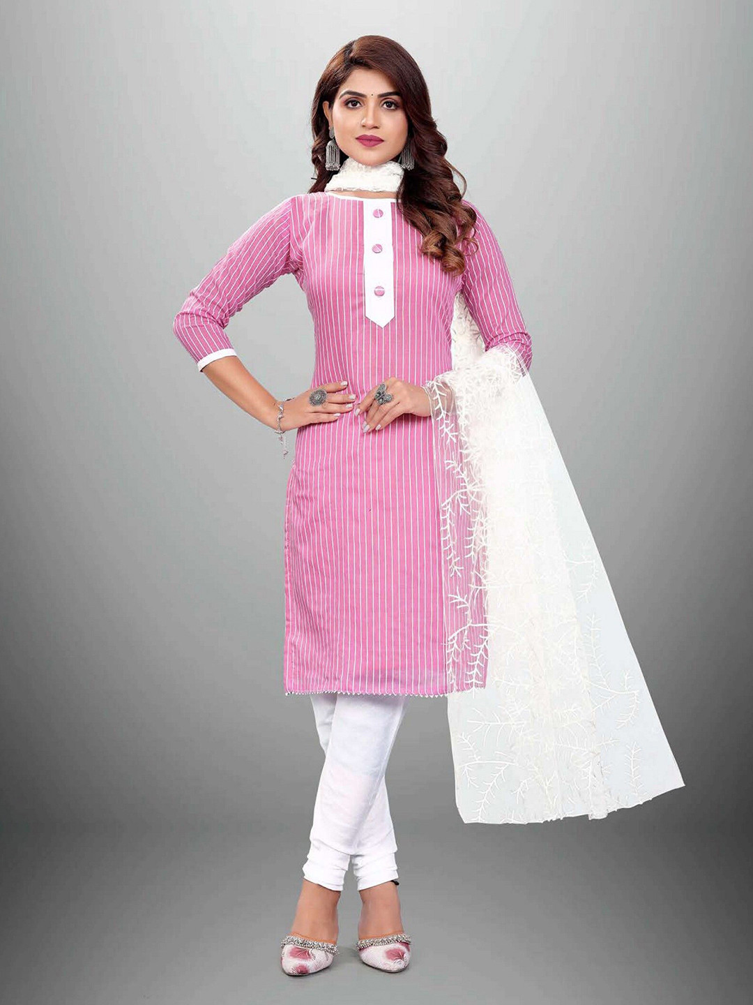 

APNISHA Pink & White Unstitched Dress Material