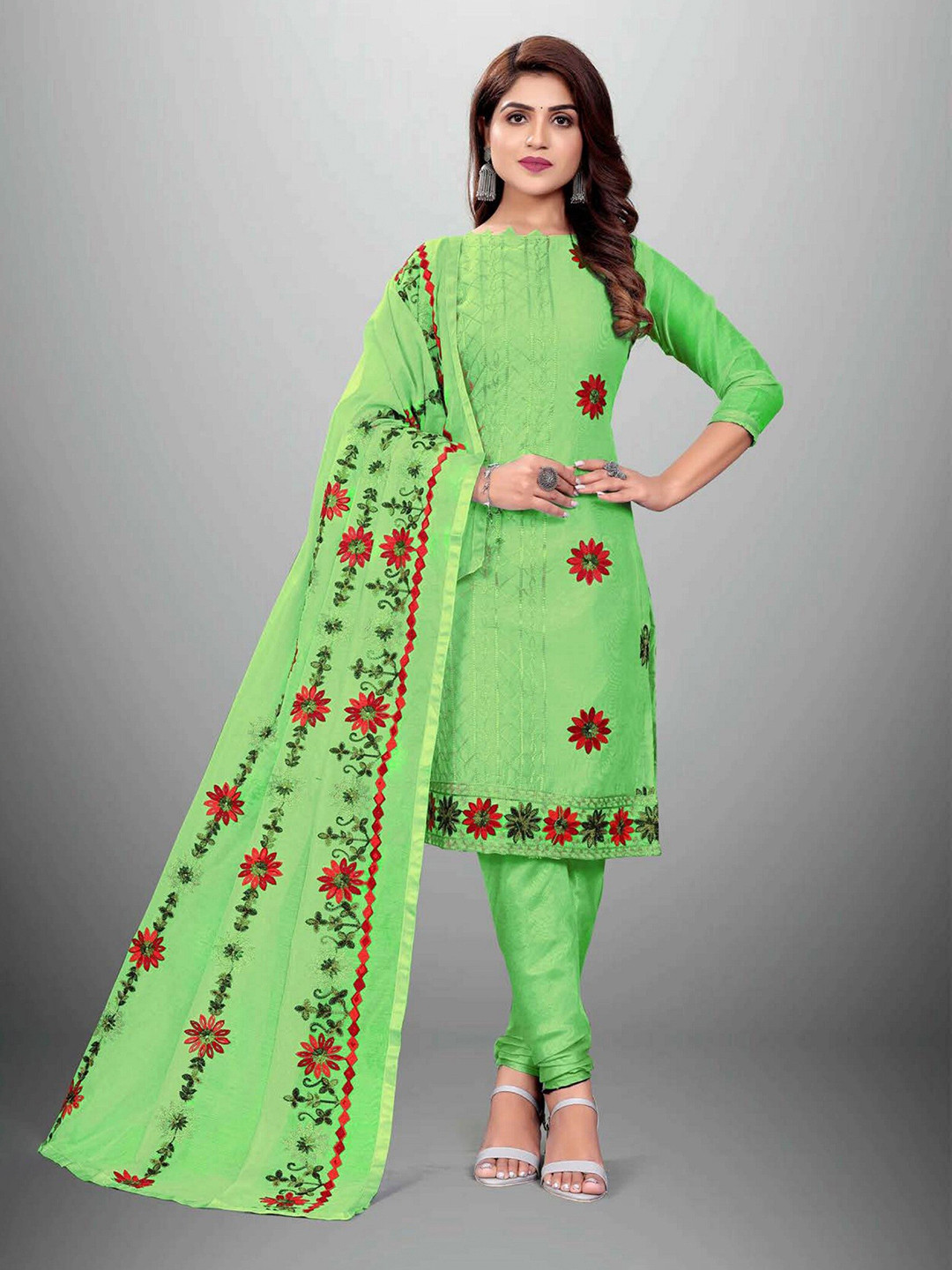

APNISHA Green & Red Embroidered Pure Silk Unstitched Dress Material