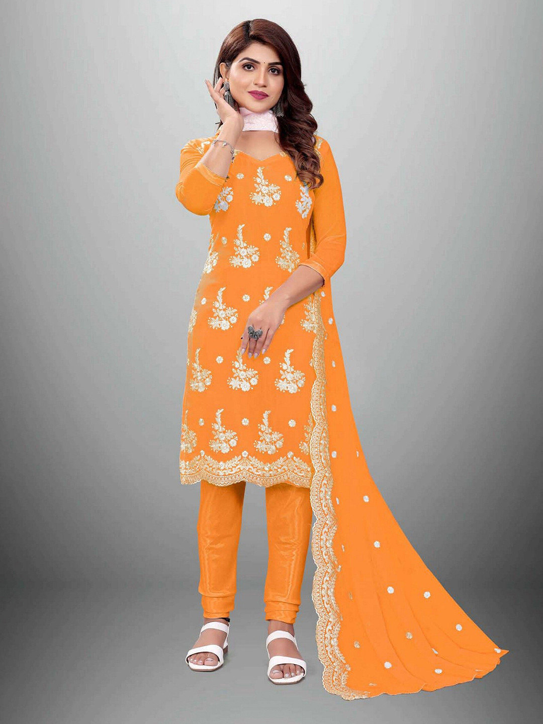 

APNISHA Orange & Gold-Toned Embroidered Silk Georgette Unstitched Dress Material