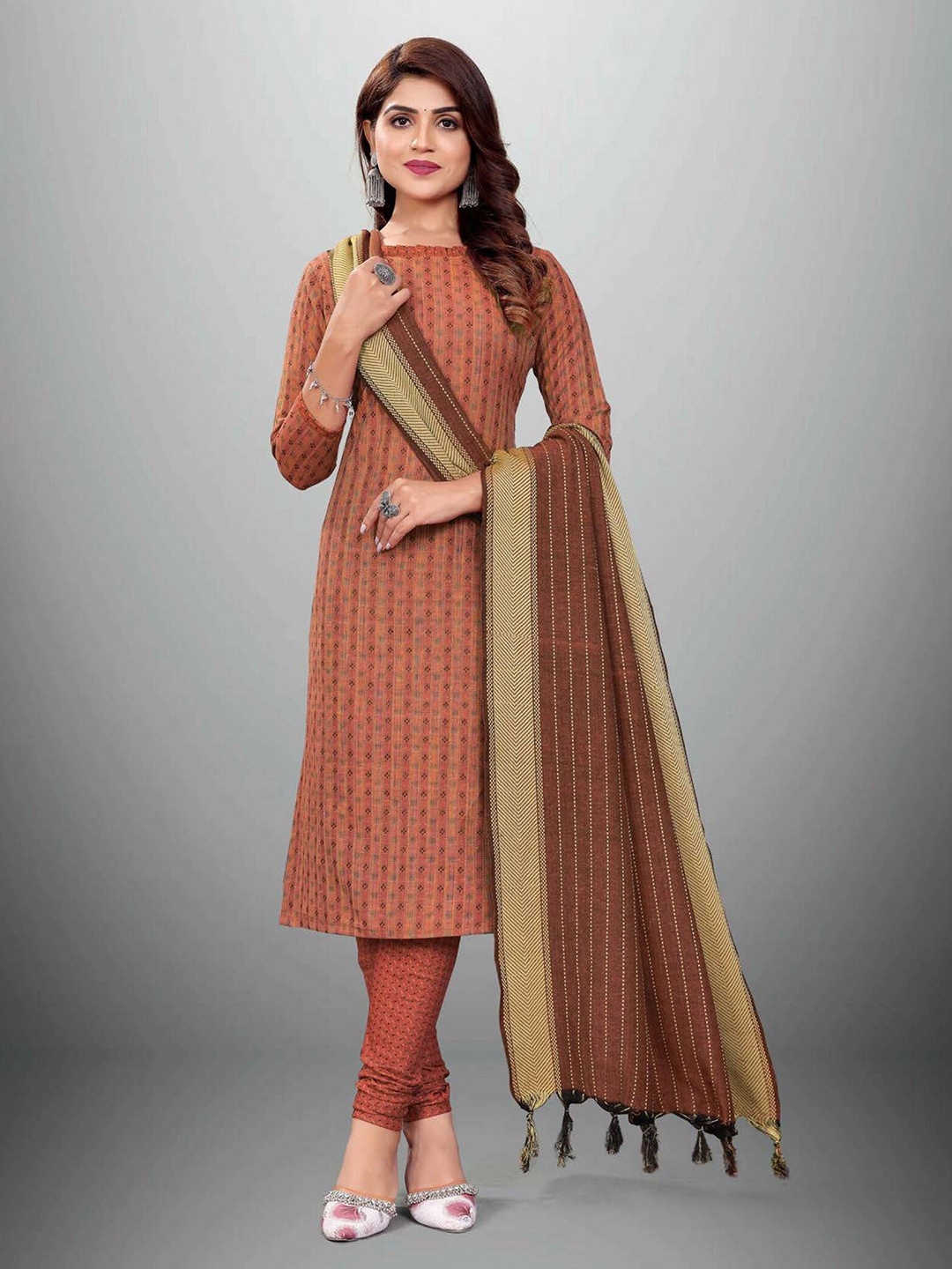 

APNISHA Brown & Green Unstitched Dress Material