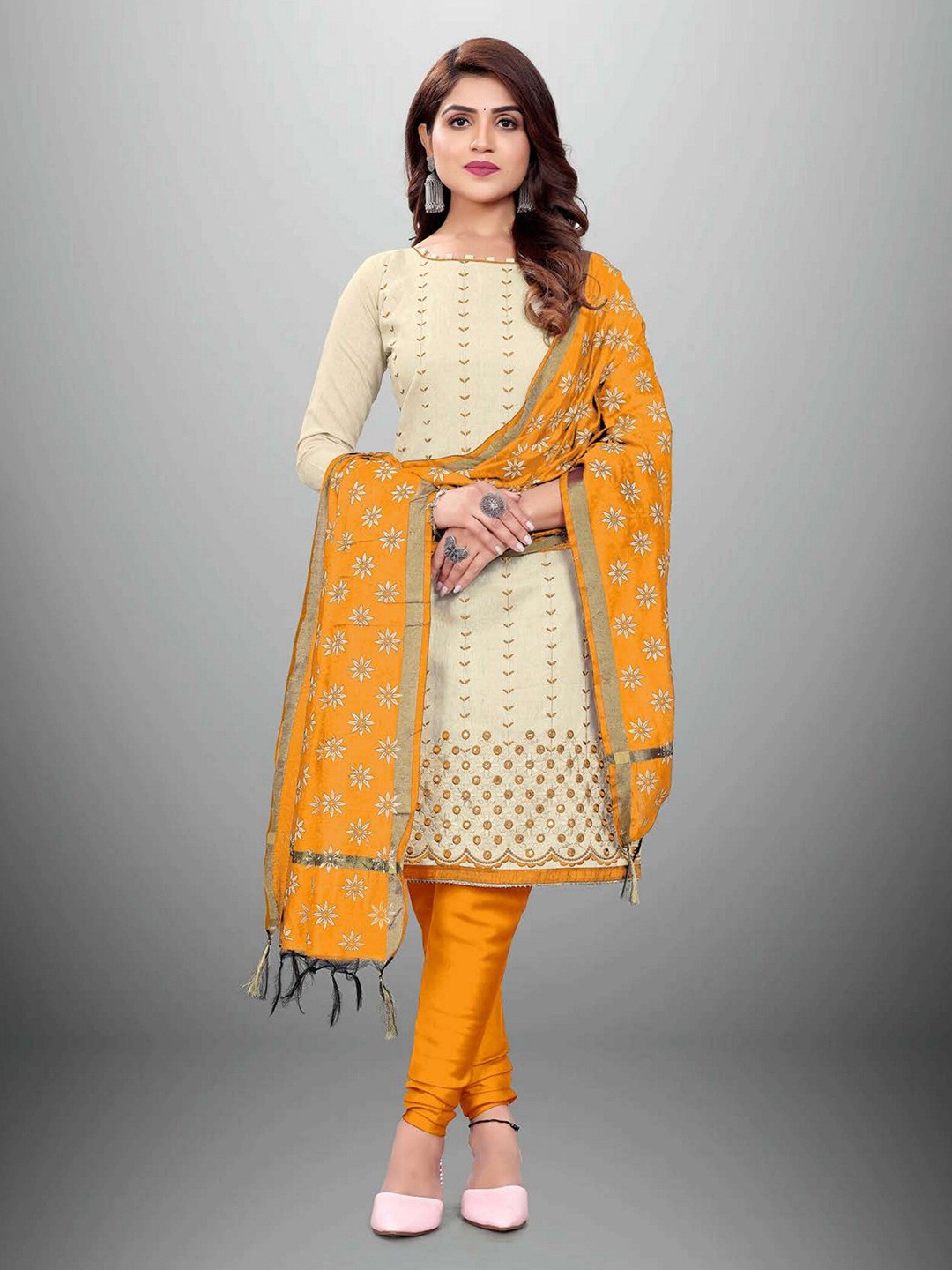 

APNISHA Yellow & Beige Embroidered Unstitched Dress Material