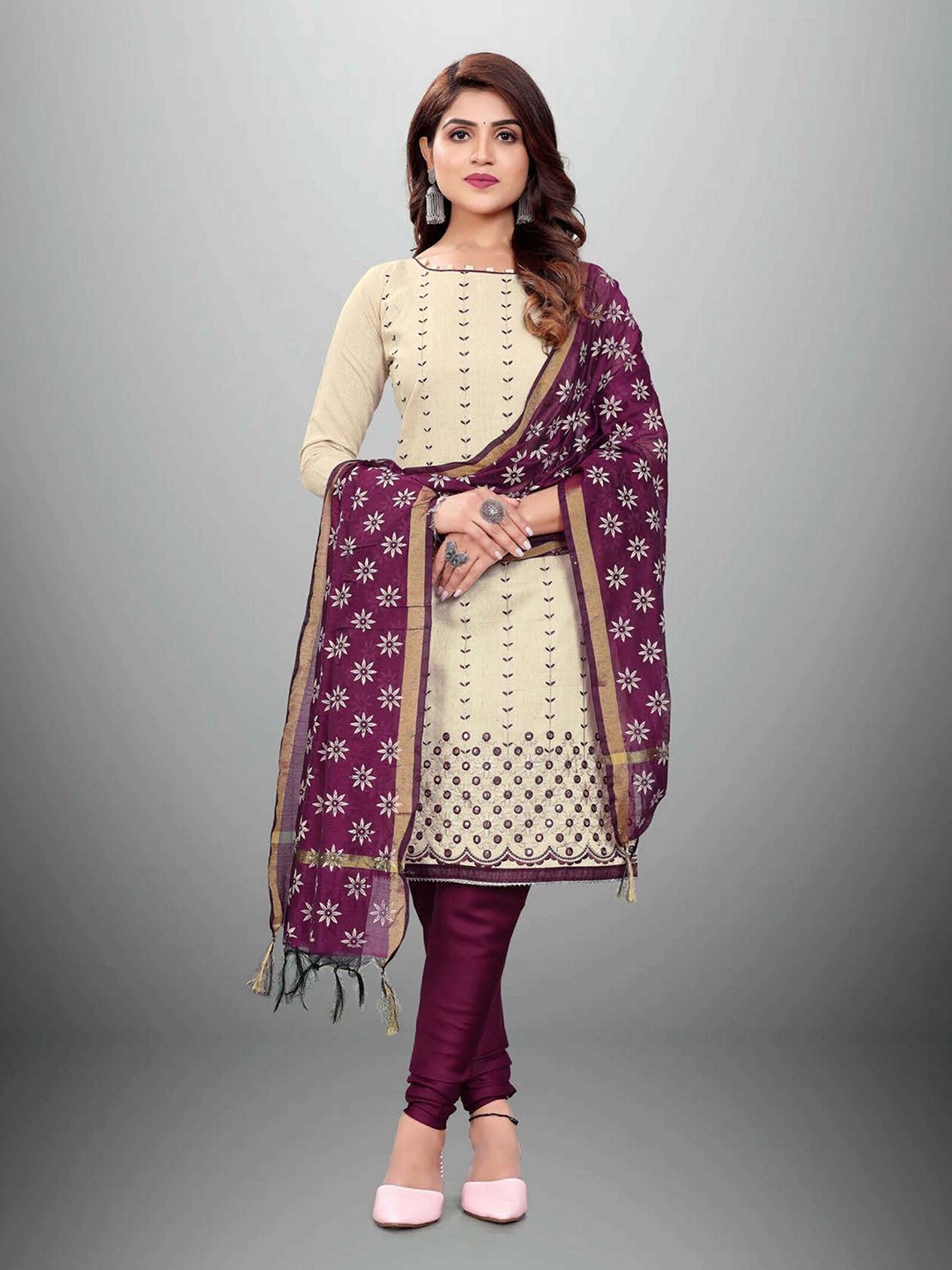 

APNISHA Purple & Cream-Coloured Embroidered Unstitched Dress Material