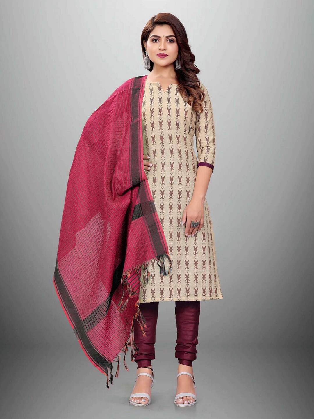 

APNISHA Red & Cream-Coloured Unstitched Dress Material