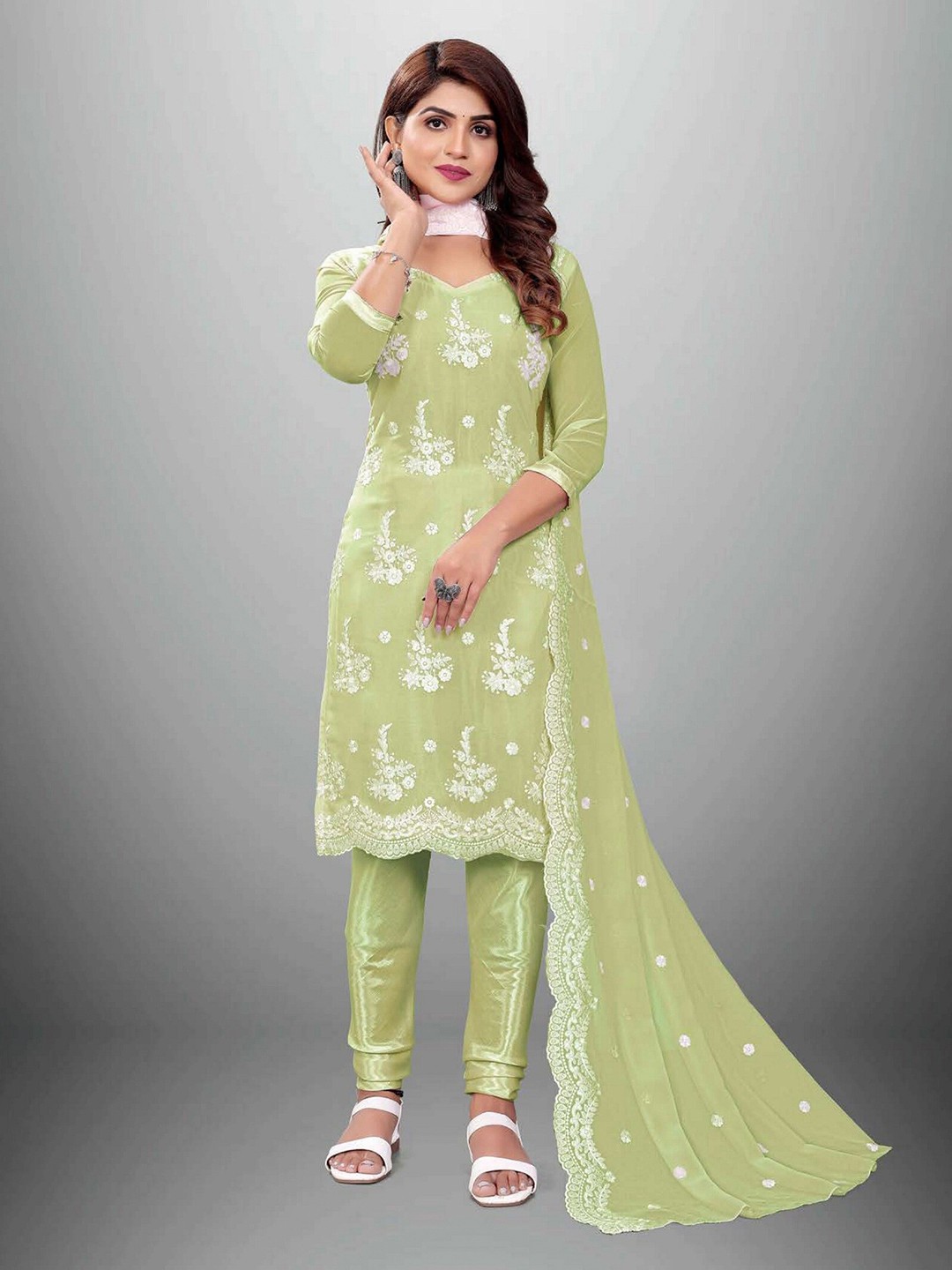 

APNISHA Lime Green & White Embroidered Silk Georgette Unstitched Dress Material