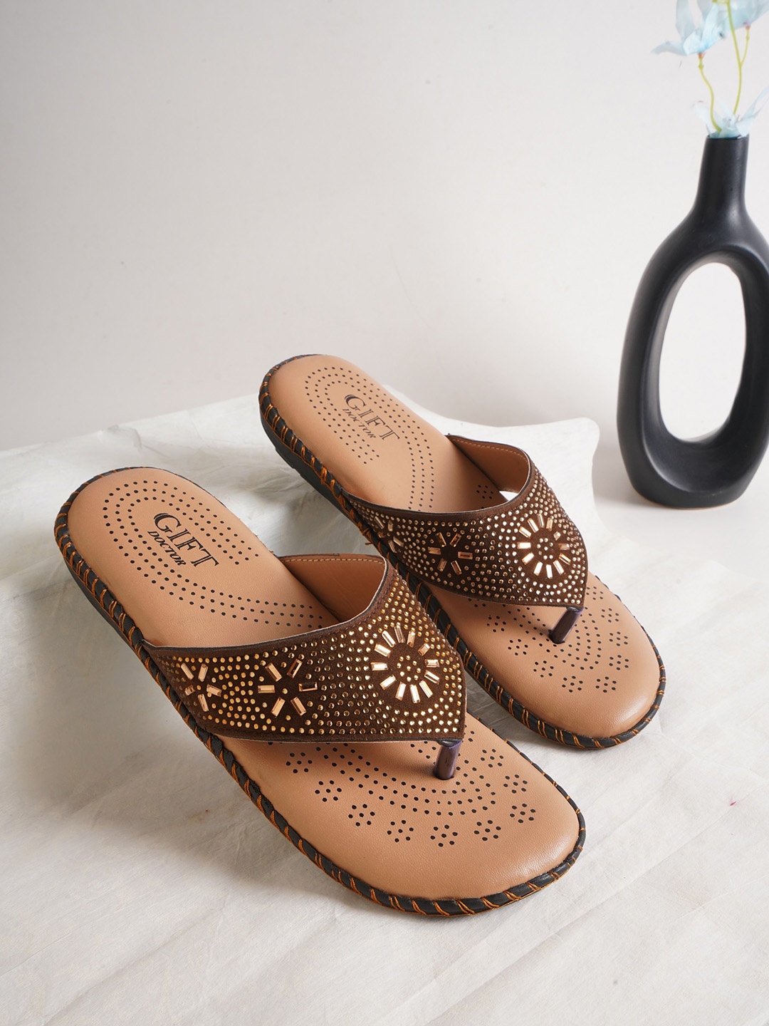 

Try Me Ethnic Embellished Open Toe Flats, Brown