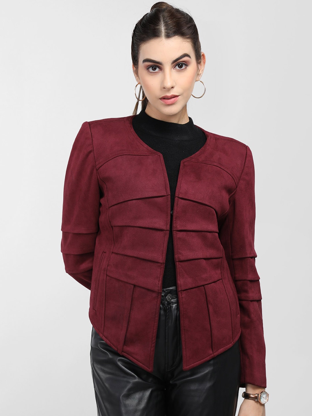 

CHKOKKO Single-Breasted Front Open Woollen Overcoat, Maroon