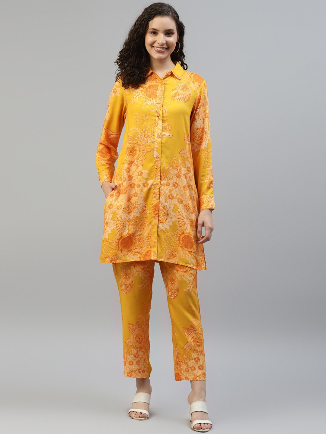 

DEEBACO Floral Printed Shirt With Trousers Co-Ords, Yellow