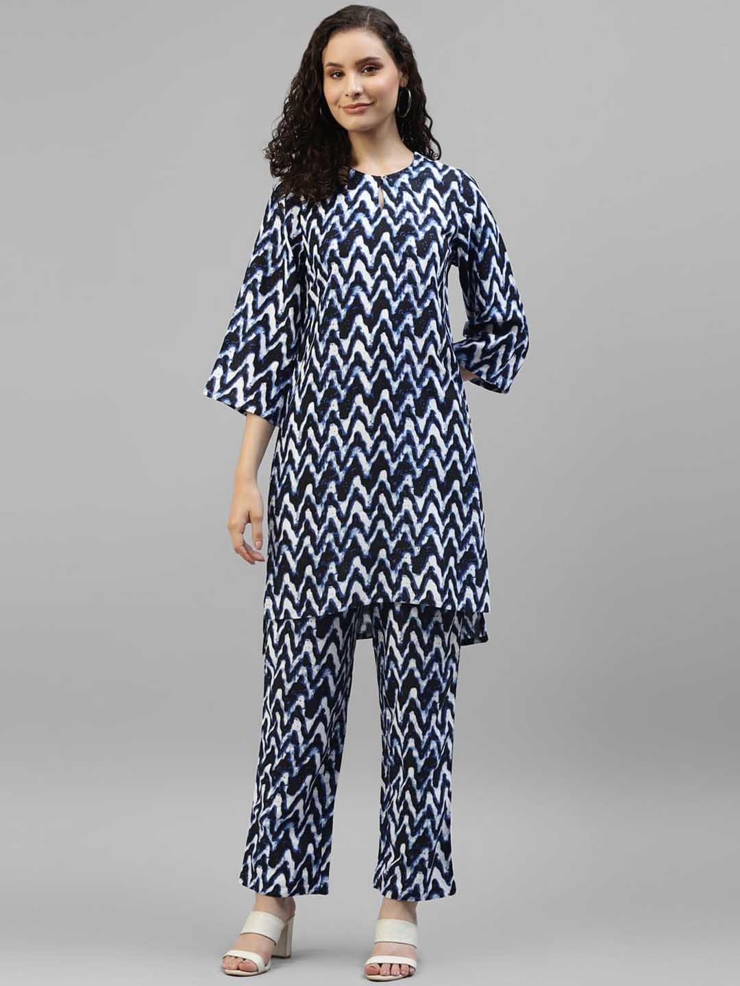 

DEEBACO Chevron Printed Tunic With Trousers Co-Ords, Navy blue