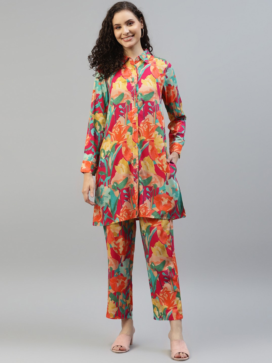 

DEEBACO Floral Printed Shirt Collar Shirt With Trousers, Red