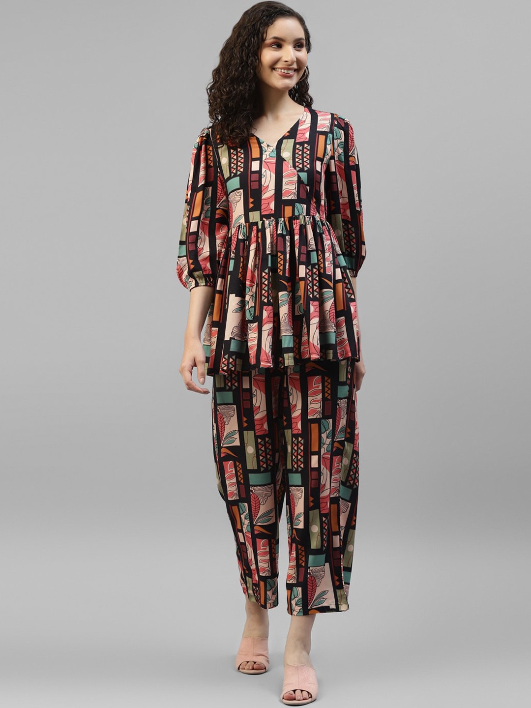 

DEEBACO Printed Top With Trousers Co-Ords, Black