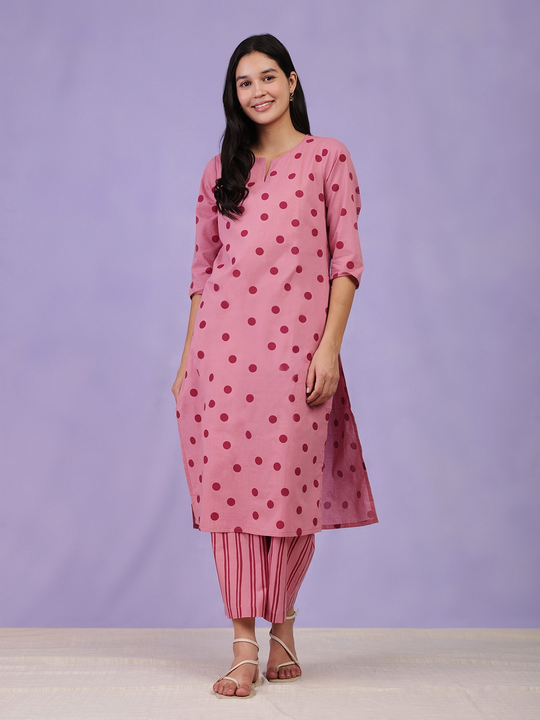 

Pink Fort Polka Dots Printed Straight Cotton Kurta