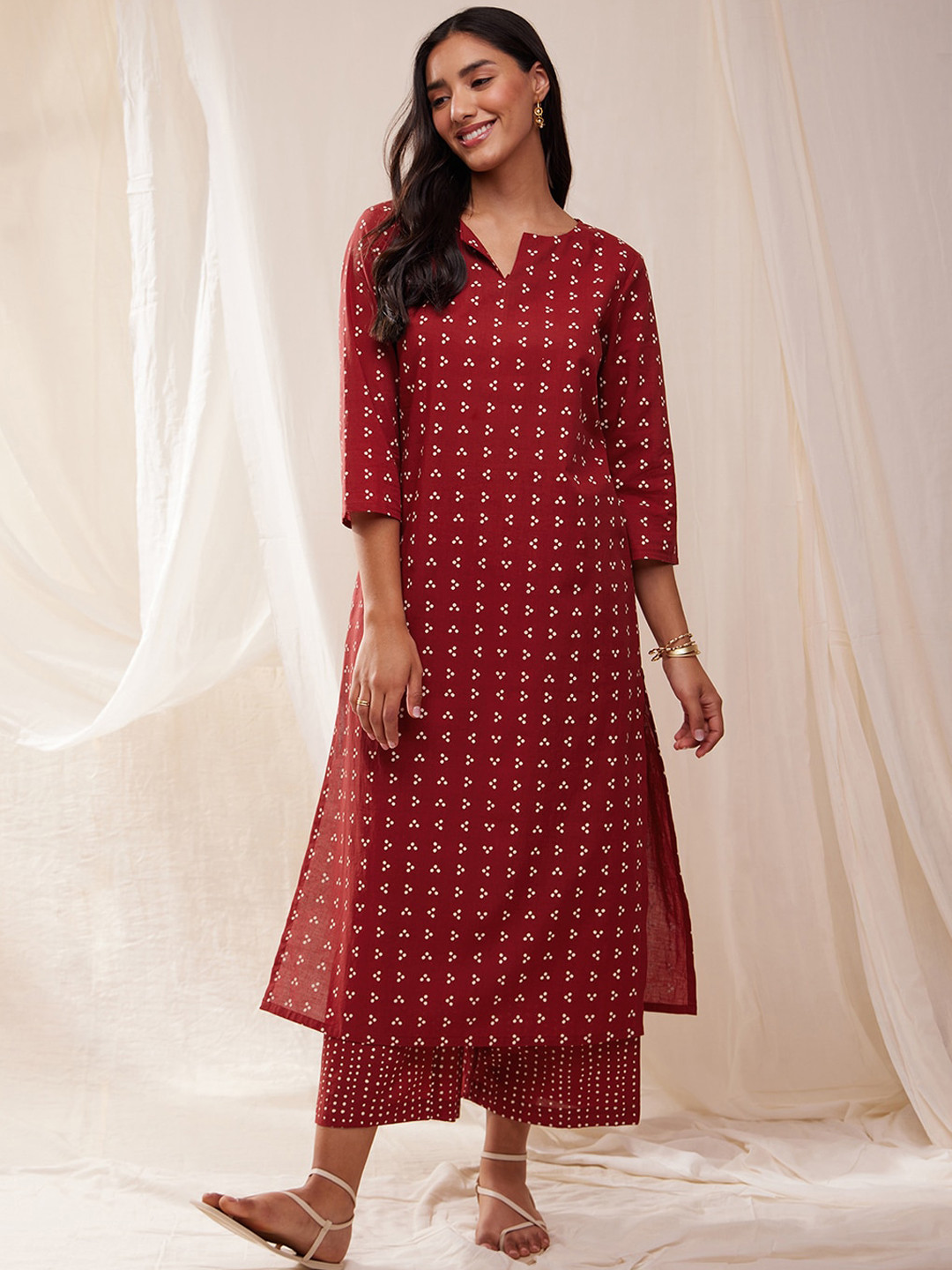 

Pink Fort Polka Dots Printed Straight Cotton Kurta, Red