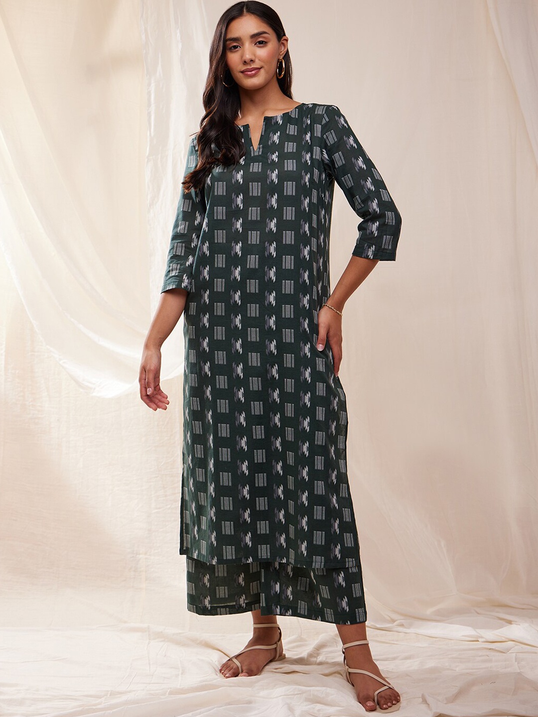 Pink Fort Geometric Printed Straight Cotton Kurta, Olive