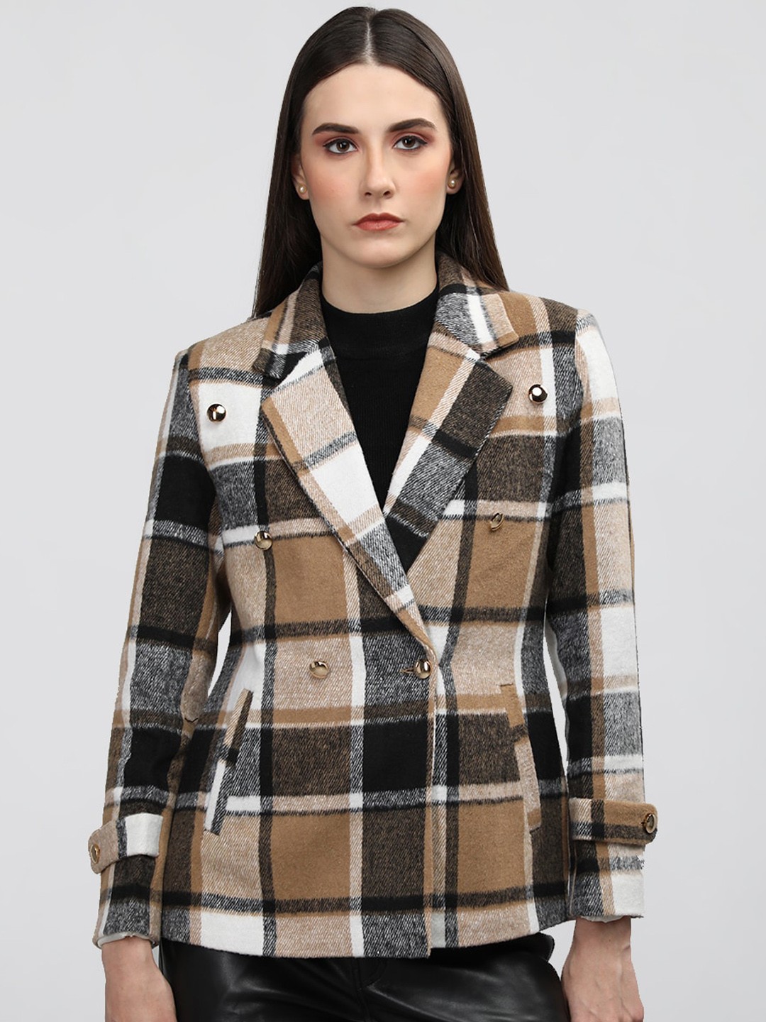 

CHKOKKO Checked Single Breasted Overcoat, Brown