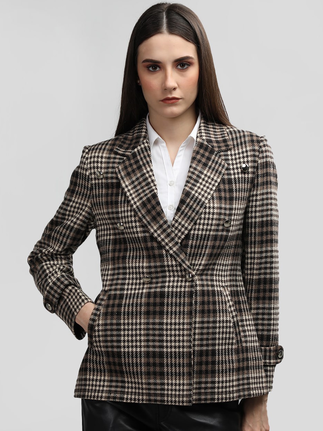 

CHKOKKO Checked Single Breasted Overcoat, Beige
