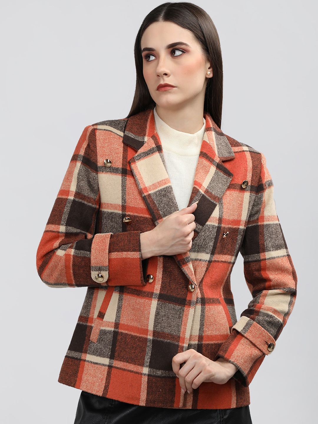 

CHKOKKO Checked Notched Lapel Woollen Overcoat, Rust