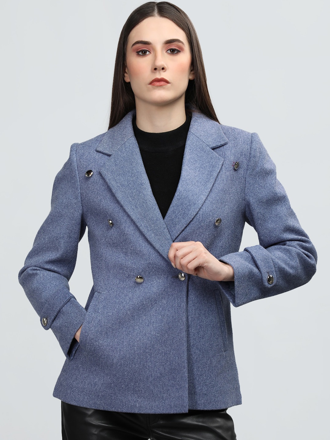 

CHKOKKO Notched Lapel Single-Breasted Stylish Woollen Overcoat, Blue