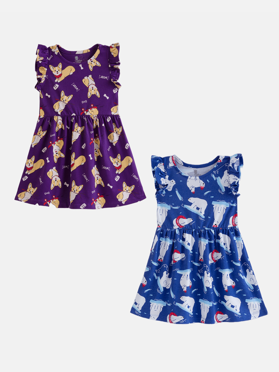

Cuddles for Cubs Girls Pack Of 2 Conversational Printed Cotton Fit & Flare Dress, Purple