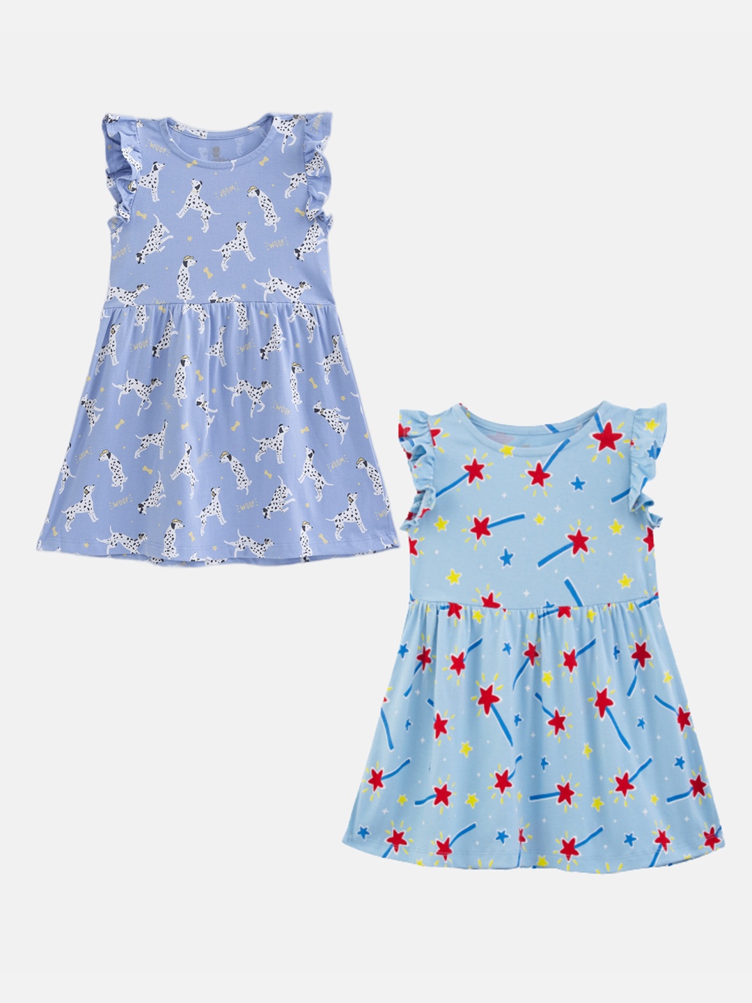 

Cuddles for Cubs Girls Pack Of 2 Conversational Printed Cotton Fit & Flare Dress, Blue